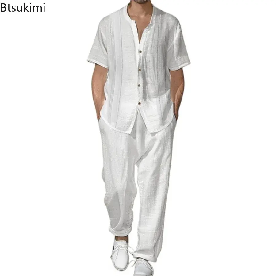 2025 Solid Short-sleeved Casual Suits Men's Summer Loose Sport Two Pieces Fashion Simple Shirt with Pants Tracksuit Outfits Male