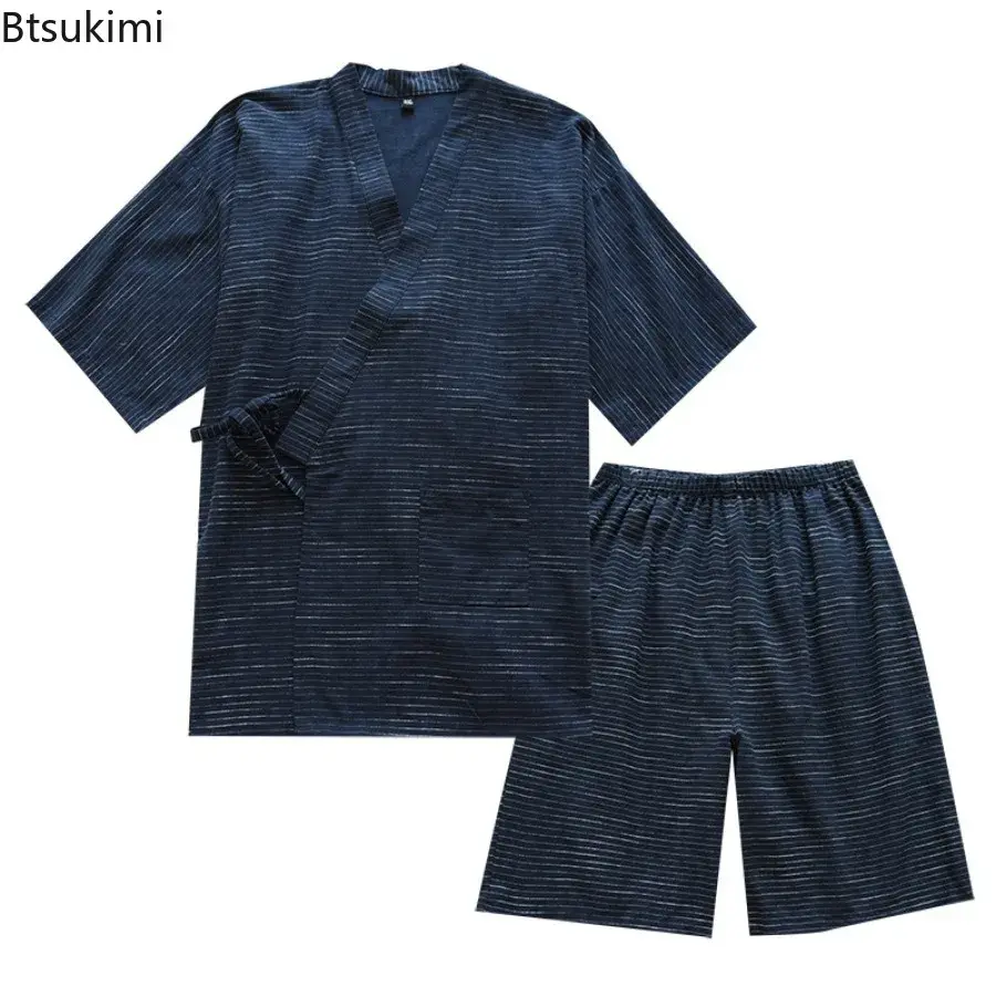 2025 Japanese Kimono Pajama Sets Men's Stripe Jacquard Loose 100% Cotton Short Sleeve Lace-up Tops+Shorts Home Sleepwear Outfits