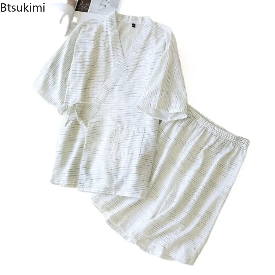 2025 Japanese Kimono Pajama Sets Men's Stripe Jacquard Loose 100% Cotton Short Sleeve Lace-up Tops+Shorts Home Sleepwear Outfits