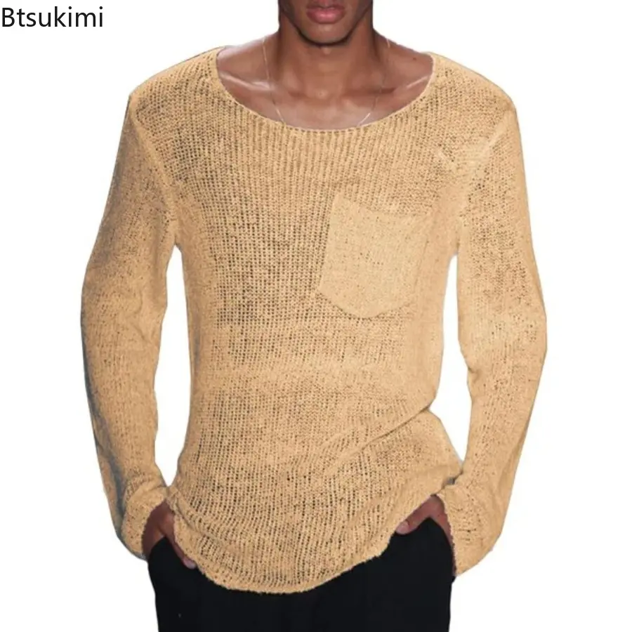 2025 Men's Thin Sweaters Stylish Solid Long Sleeve O-neck Knitted Pullover Sweater Hollow Out Design Loose Casual Knit Tops Male
