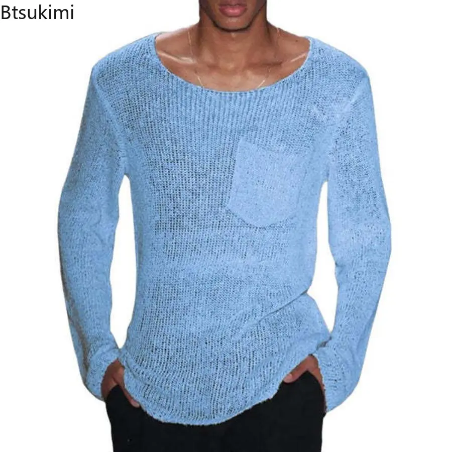 2025 Men's Thin Sweaters Stylish Solid Long Sleeve O-neck Knitted Pullover Sweater Hollow Out Design Loose Casual Knit Tops Male