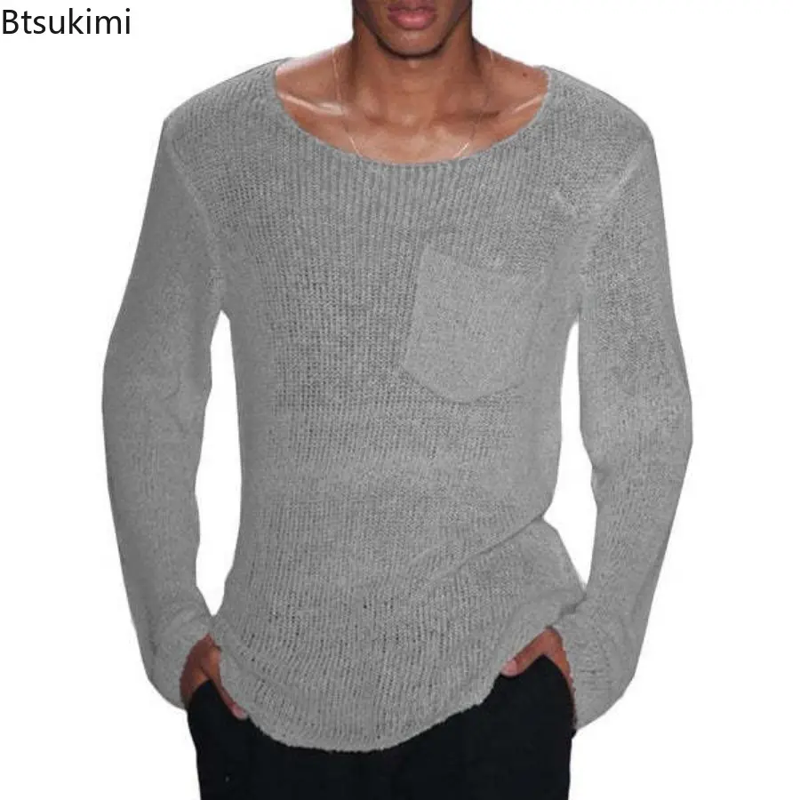 2025 Men's Thin Sweaters Stylish Solid Long Sleeve O-neck Knitted Pullover Sweater Hollow Out Design Loose Casual Knit Tops Male