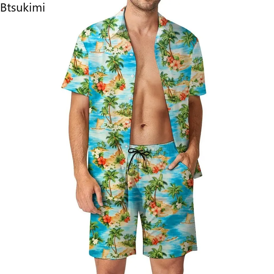 Summer Fashion Men's Short Sleeve Shirt Sets Hawaiian Style 3D Printed Loose Casual Beach Lapel Shirt and Shorts Two Piece Sets