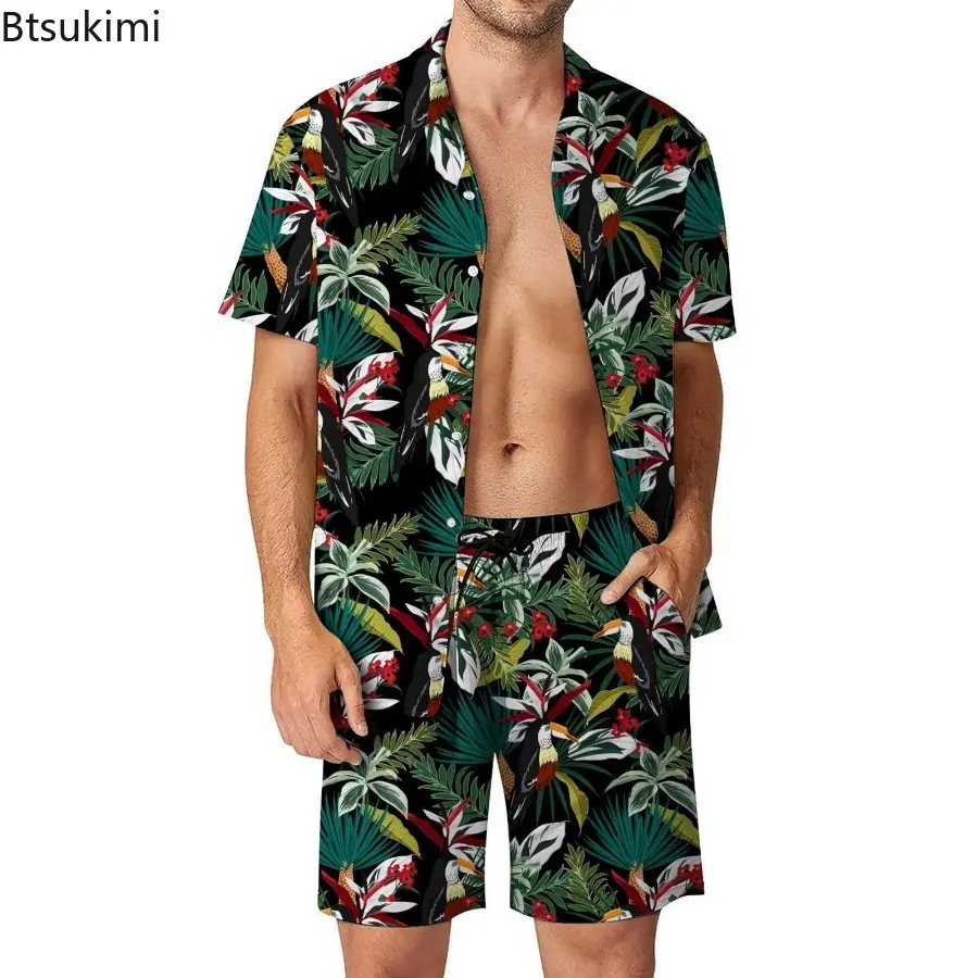 Summer Fashion Men's Short Sleeve Shirt Sets Hawaiian Style 3D Printed Loose Casual Beach Lapel Shirt and Shorts Two Piece Sets