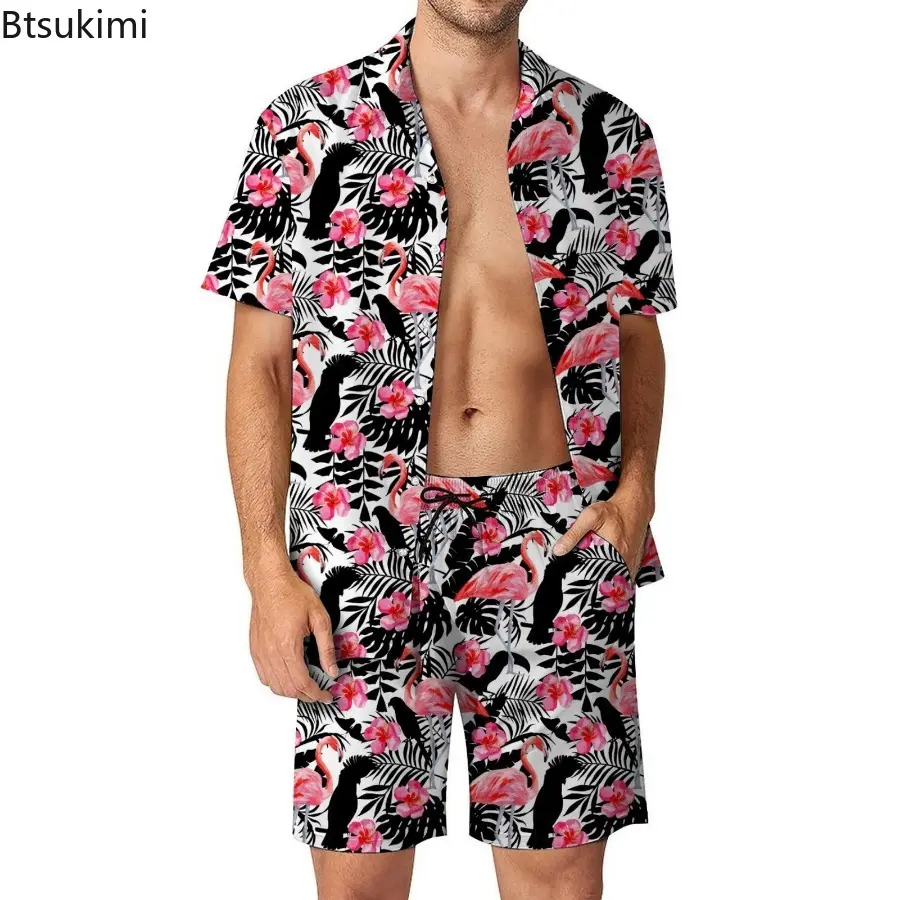 Summer Fashion Men's Short Sleeve Shirt Sets Hawaiian Style 3D Printed Loose Casual Beach Lapel Shirt and Shorts Two Piece Sets
