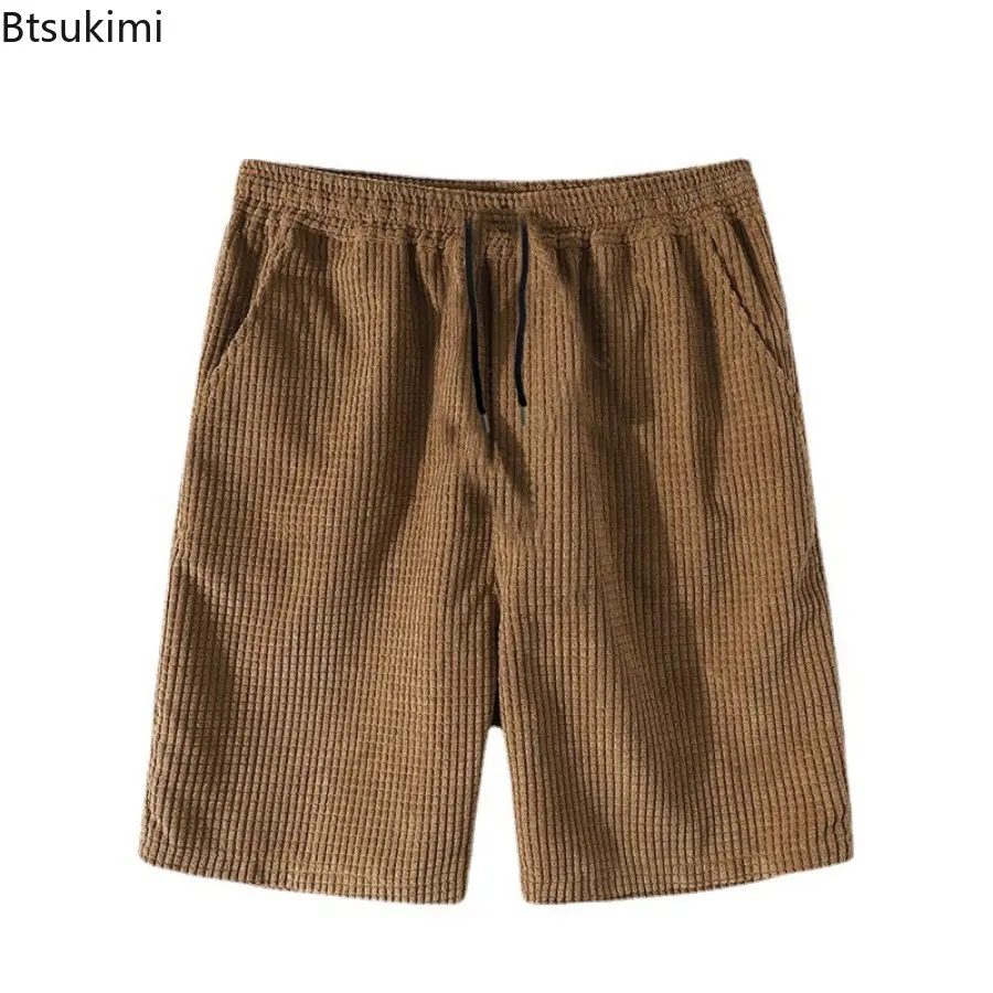 High Quality Men's Summer Corduroy Casual Sets Fashion Patchwork Short-sleeved Shirt and Drawstring Shorts Men Waffle Two-pieces