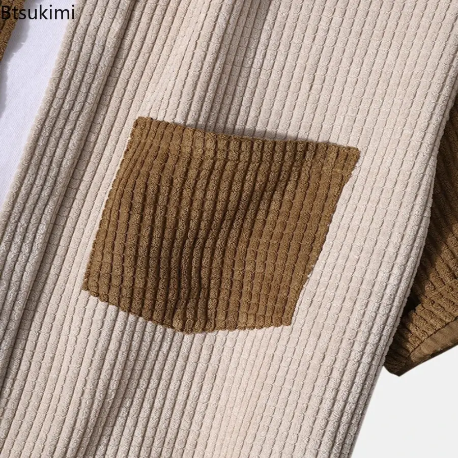 High Quality Men's Summer Corduroy Casual Sets Fashion Patchwork Short-sleeved Shirt and Drawstring Shorts Men Waffle Two-pieces