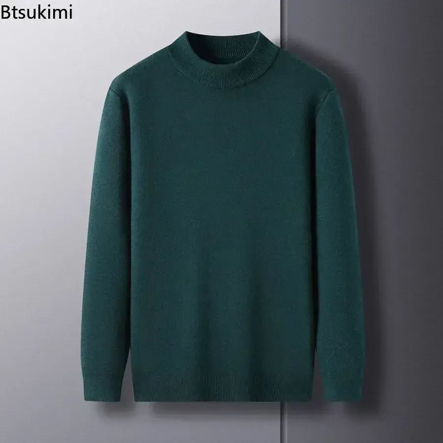 2025 Men's Fashion Imitation Wool Knitted Sweaters Half High Collar Solid Warm Pullover Tops Male Business Casual Knit Sweaters