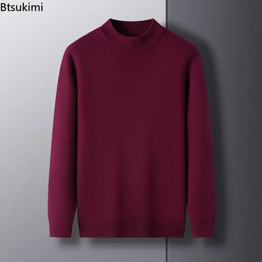 2025 Men's Fashion Imitation Wool Knitted Sweaters Half High Collar Solid Warm Pullover Tops Male Business Casual Knit Sweaters