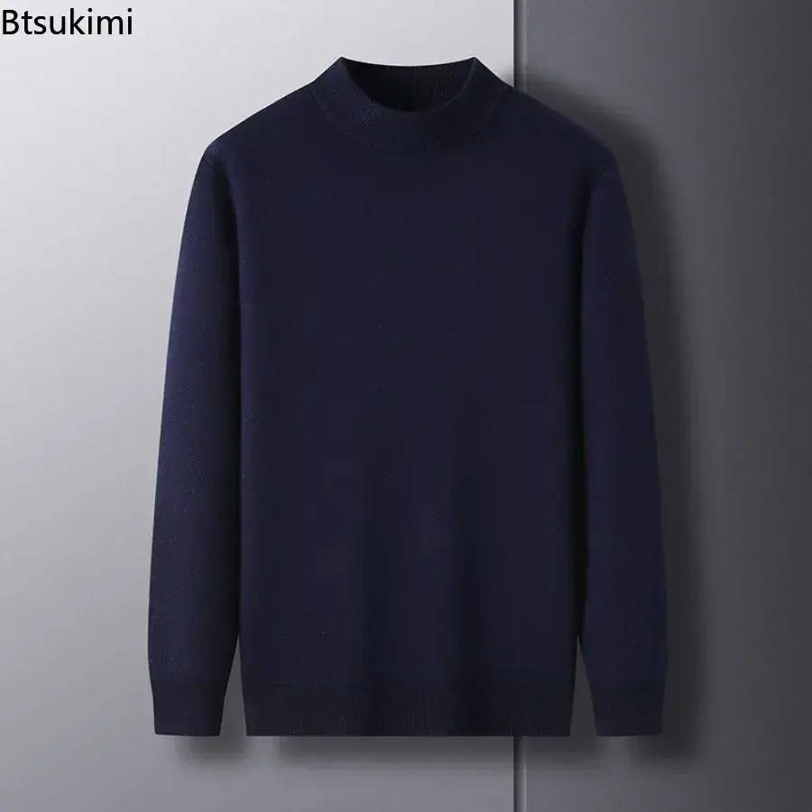 2025 Men's Fashion Imitation Wool Knitted Sweaters Half High Collar Solid Warm Pullover Tops Male Business Casual Knit Sweaters