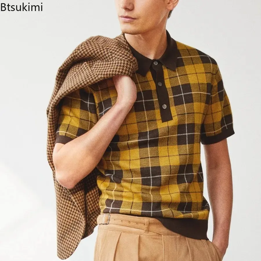 2025 Men's Classic Plaid Knitted Jacquard Polo Shirt Summer New Men Business Casual Lapel Tops Fashion Vintage Knit T-shirt Male