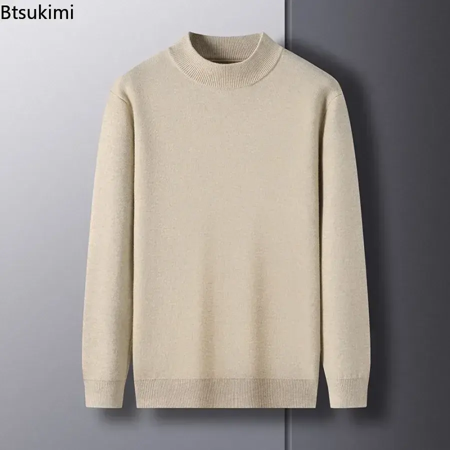 2025 Men's Fashion Imitation Wool Knitted Sweaters Half High Collar Solid Warm Pullover Tops Male Business Casual Knit Sweaters