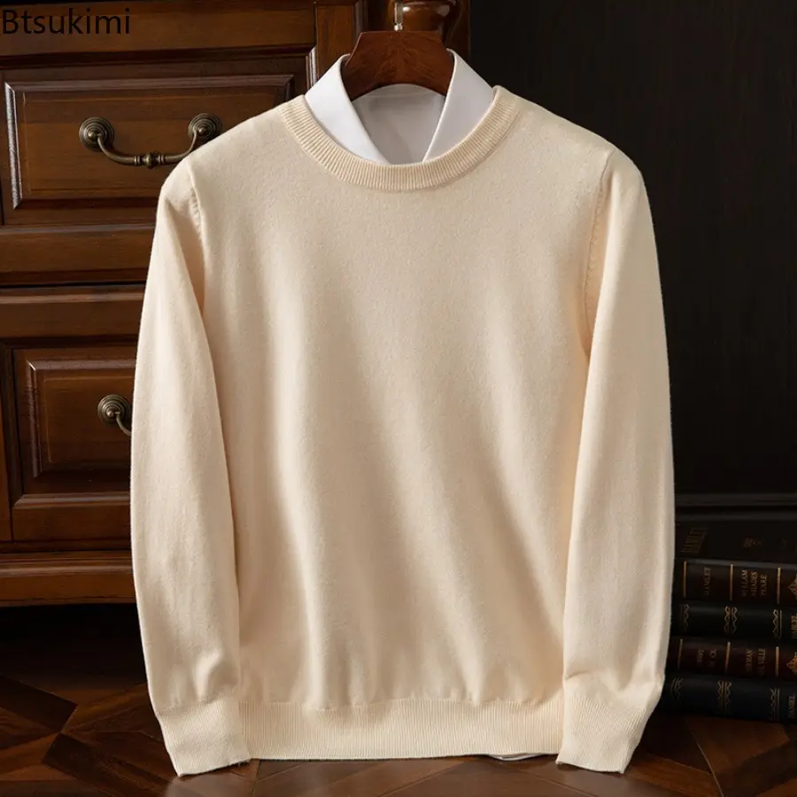 2025 Men's Autumn Winter Classic Knitted Pullover Sweater Round Neck Long Sleeve Casual Solid Color Pullover Clothing Tops Male