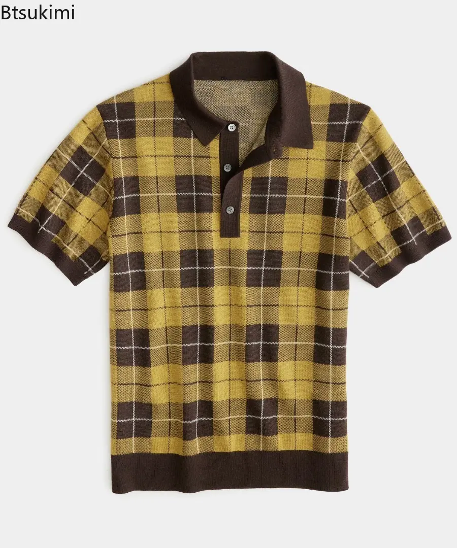 2025 Men's Classic Plaid Knitted Jacquard Polo Shirt Summer New Men Business Casual Lapel Tops Fashion Vintage Knit T-shirt Male