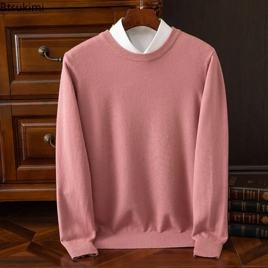 2025 Men's Autumn Winter Classic Knitted Pullover Sweater Round Neck Long Sleeve Casual Solid Color Pullover Clothing Tops Male
