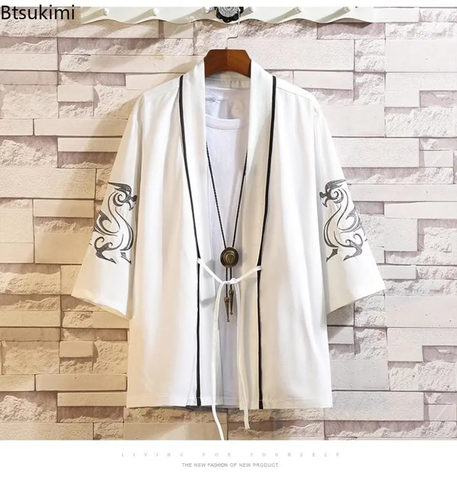 2025 Men's Kimono Cardigan Lace Up Tops Chinese Style Traditional Clothing Vintage Embroiderd Thin Jacket Man Hanfu Big Size 5XL