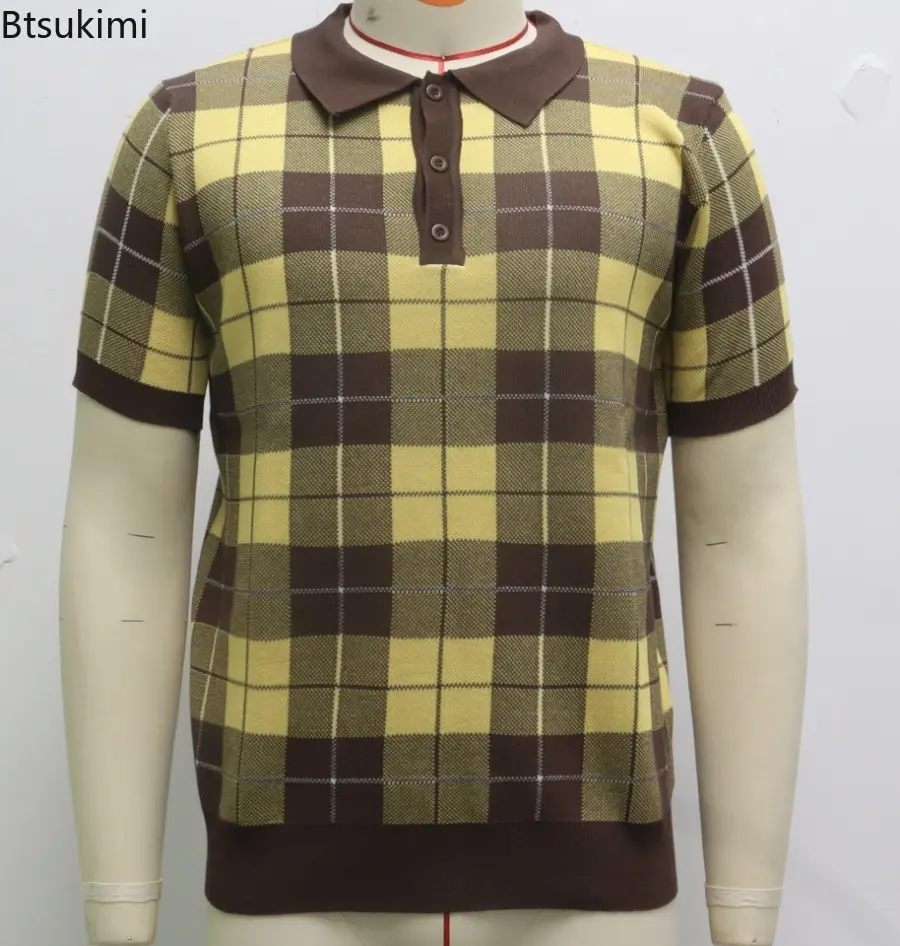 2025 Men's Classic Plaid Knitted Jacquard Polo Shirt Summer New Men Business Casual Lapel Tops Fashion Vintage Knit T-shirt Male