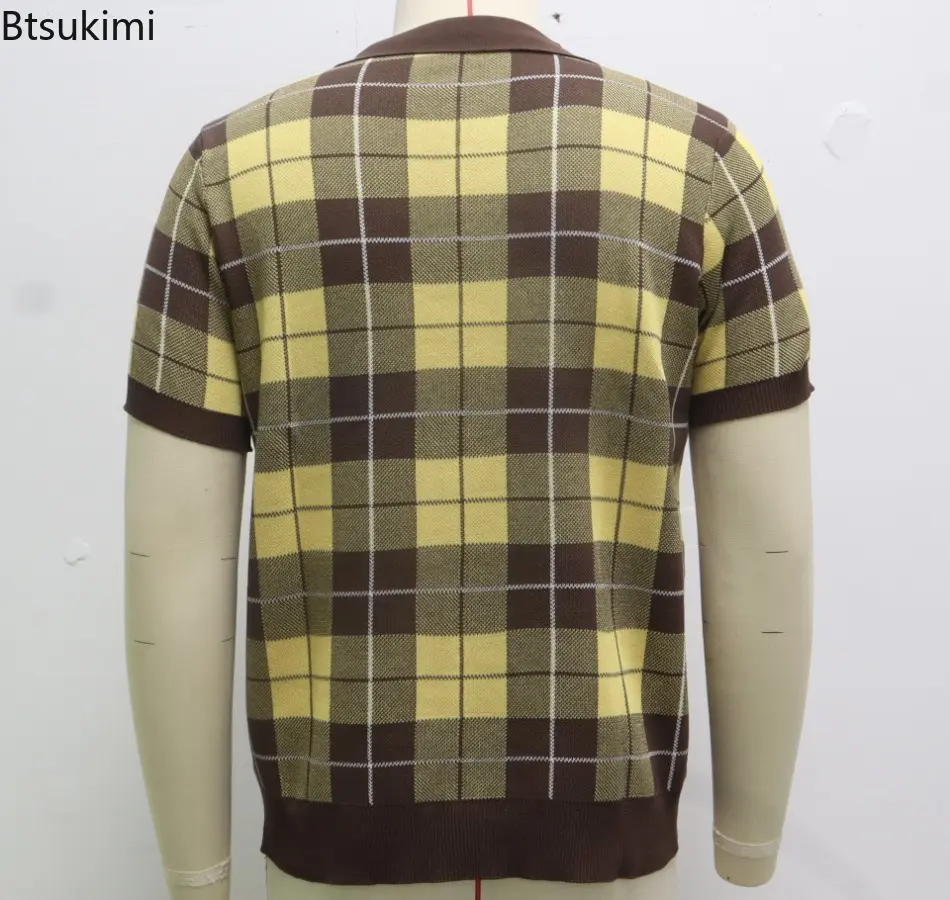 2025 Men's Classic Plaid Knitted Jacquard Polo Shirt Summer New Men Business Casual Lapel Tops Fashion Vintage Knit T-shirt Male