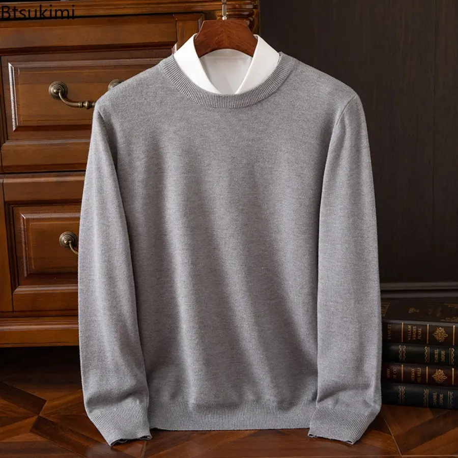2025 Men's Autumn Winter Classic Knitted Pullover Sweater Round Neck Long Sleeve Casual Solid Color Pullover Clothing Tops Male