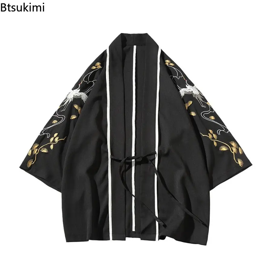 2025 Men's Kimono Cardigan Lace Up Tops Chinese Style Traditional Clothing Vintage Embroiderd Thin Jacket Man Hanfu Big Size 5XL