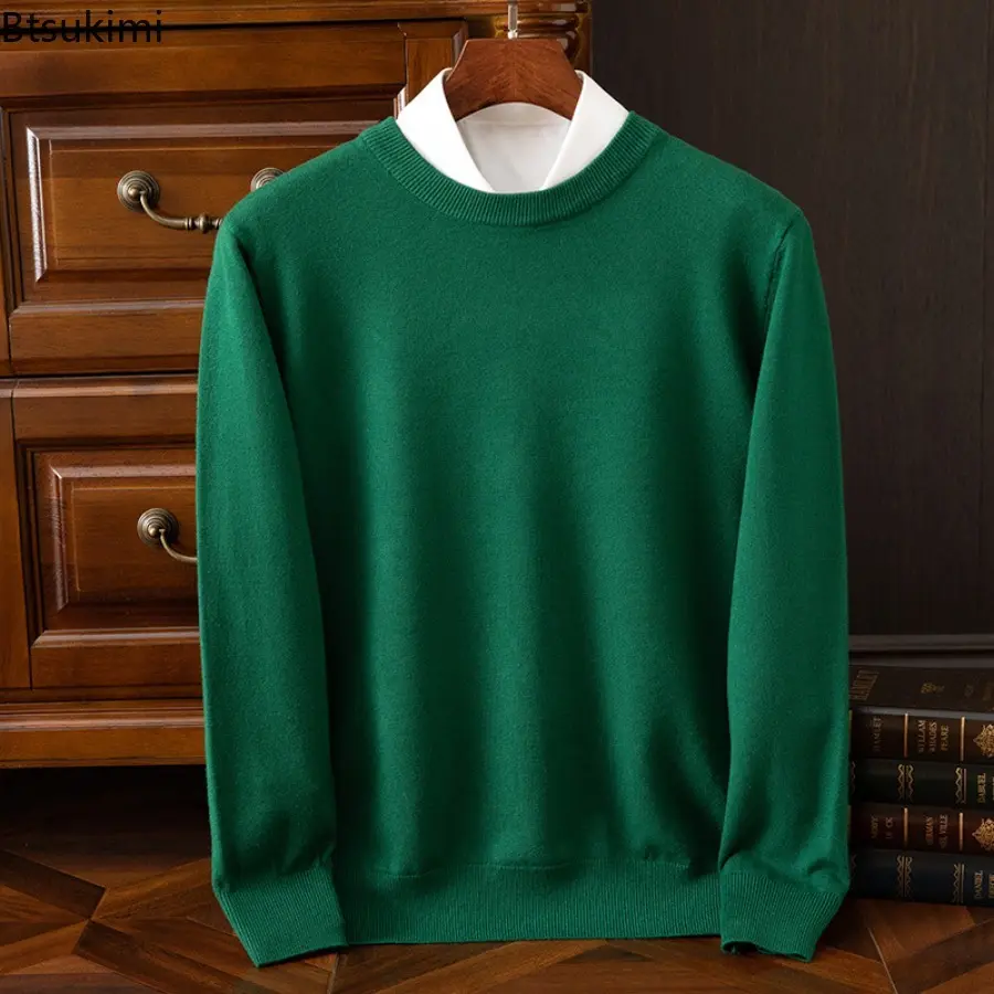 2025 Men's Autumn Winter Classic Knitted Pullover Sweater Round Neck Long Sleeve Casual Solid Color Pullover Clothing Tops Male
