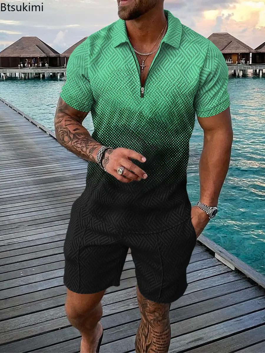 Summer New Men's Trendy Patchwork Contrast Color Two-pieces 3D Print Half Zip Polo Shirt+Shorts Casual Suit 2025 Men Streetwear