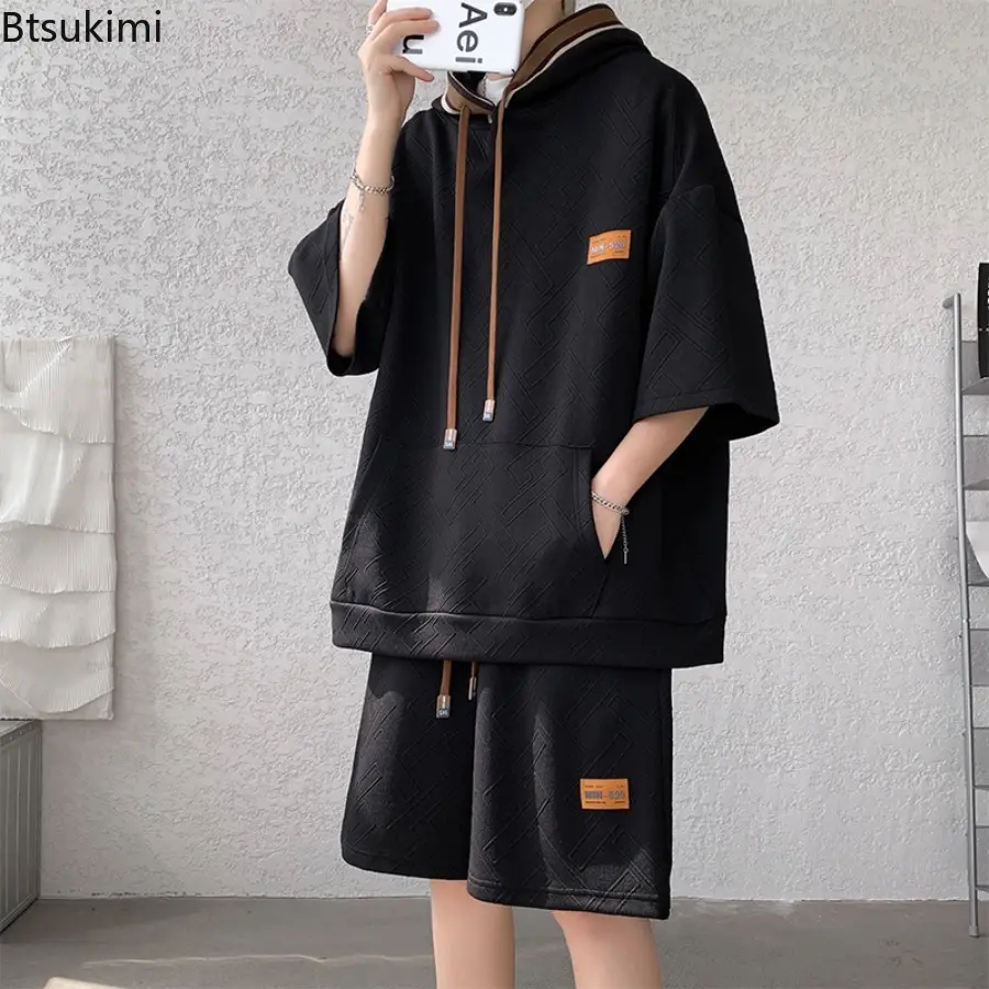 New 2025 Summer Fashion Trend Short-Sleeved Shorts Hoodie Set Men's Casual Loose Sports Fitness Two-Piece Set M-8XL Large Size