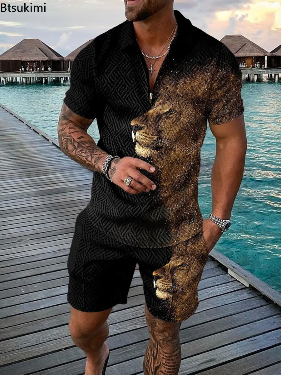 Summer New Men's Trendy Patchwork Contrast Color Two-pieces 3D Print Half Zip Polo Shirt+Shorts Casual Suit 2025 Men Streetwear