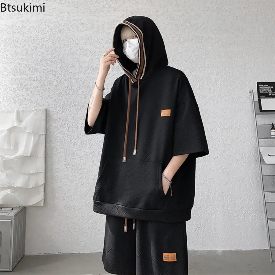 New 2025 Summer Fashion Trend Short-Sleeved Shorts Hoodie Set Men's Casual Loose Sports Fitness Two-Piece Set M-8XL Large Size
