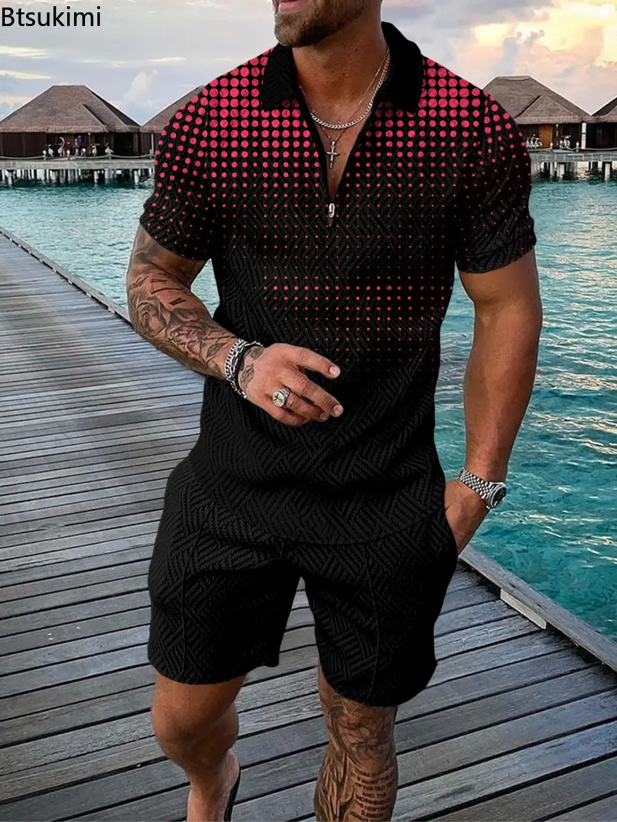 Summer New Men's Trendy Patchwork Contrast Color Two-pieces 3D Print Half Zip Polo Shirt+Shorts Casual Suit 2025 Men Streetwear