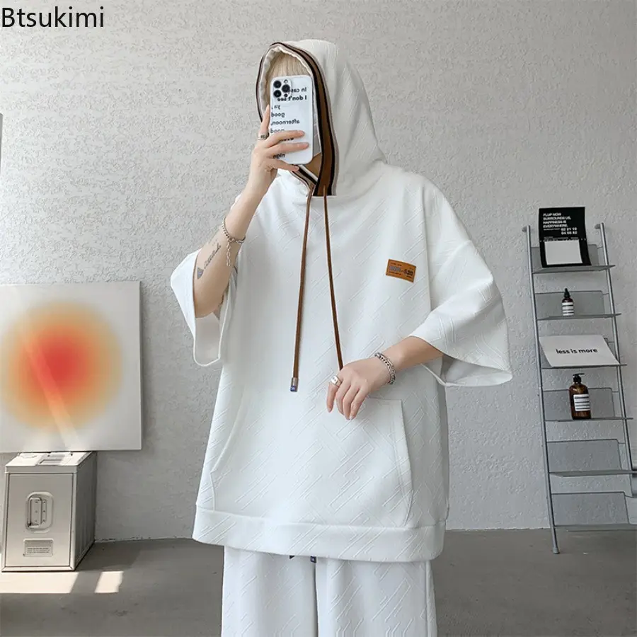 New 2025 Summer Fashion Trend Short-Sleeved Shorts Hoodie Set Men's Casual Loose Sports Fitness Two-Piece Set M-8XL Large Size