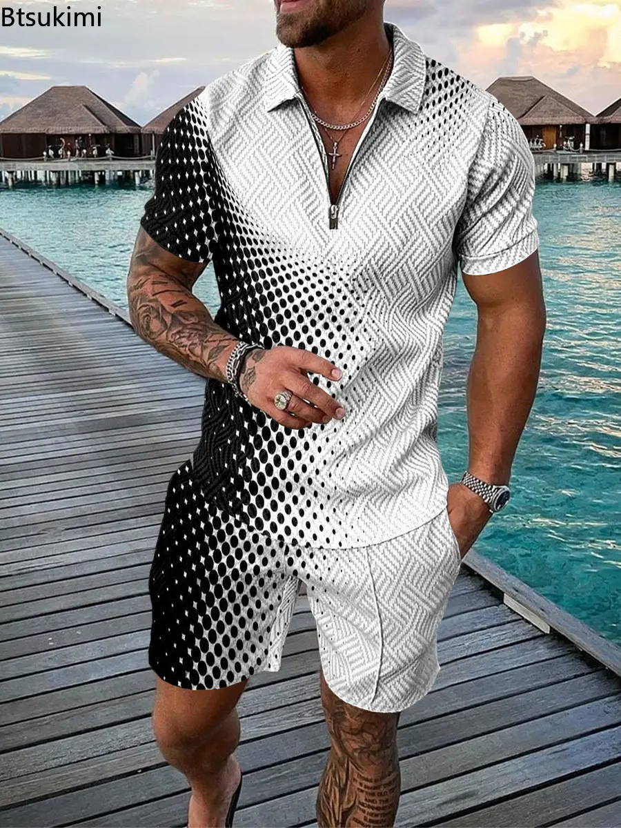 Summer New Men's Trendy Patchwork Contrast Color Two-pieces 3D Print Half Zip Polo Shirt+Shorts Casual Suit 2025 Men Streetwear