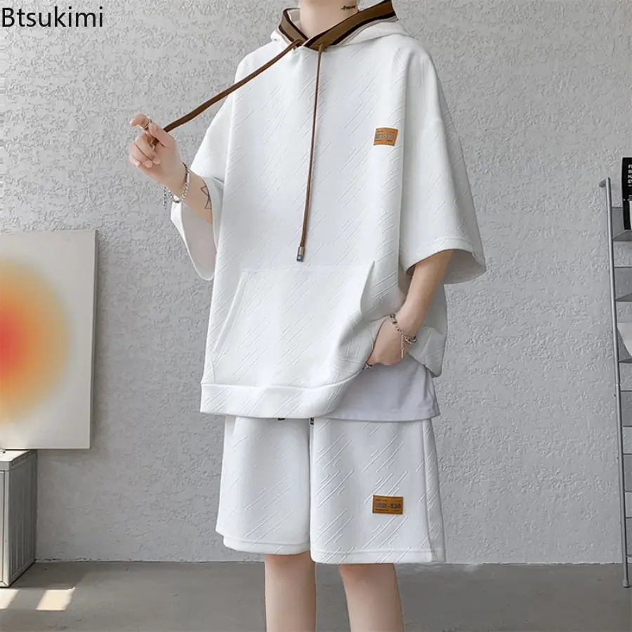 New 2025 Summer Fashion Trend Short-Sleeved Shorts Hoodie Set Men's Casual Loose Sports Fitness Two-Piece Set M-8XL Large Size