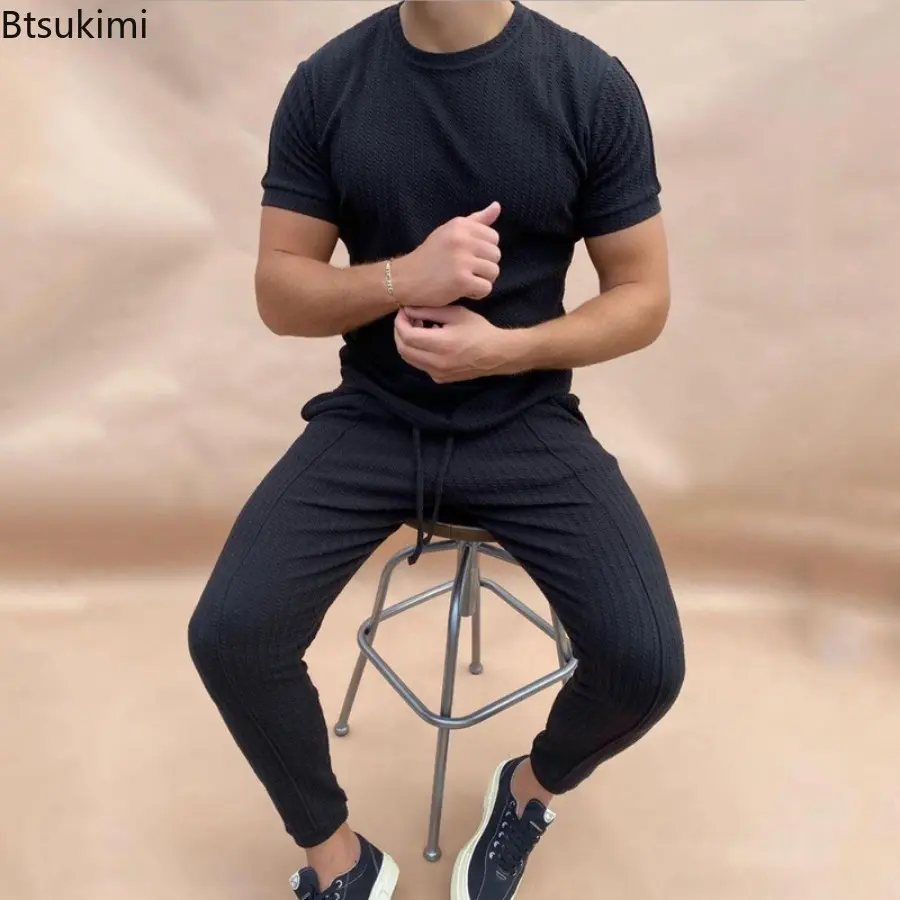 Men's Summer Breathable Cotton Tracksuit Suit Casual Solid Short Sleeve Slim T-shirt and Pants Two Piece Sets Men Fashion Outfit
