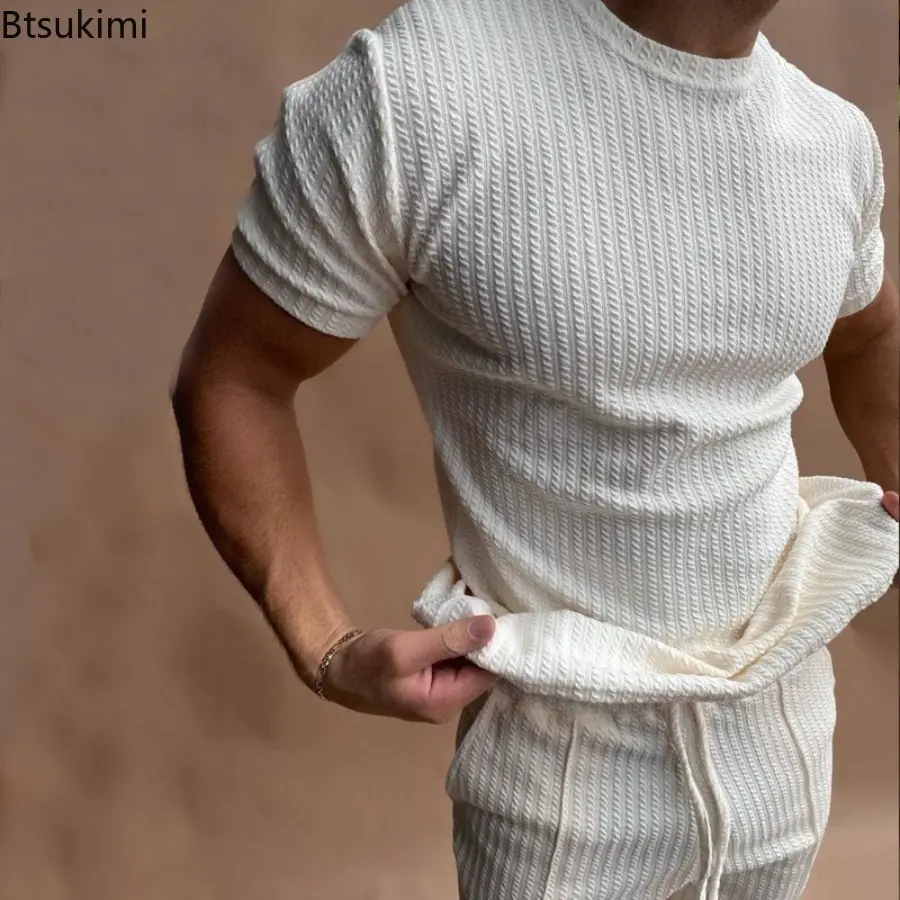 Men's Summer Breathable Cotton Tracksuit Suit Casual Solid Short Sleeve Slim T-shirt and Pants Two Piece Sets Men Fashion Outfit