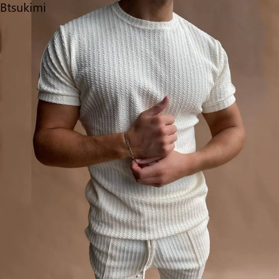 Men's Summer Breathable Cotton Tracksuit Suit Casual Solid Short Sleeve Slim T-shirt and Pants Two Piece Sets Men Fashion Outfit