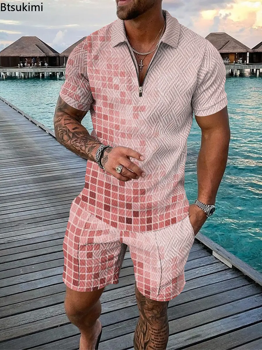 Summer New Men's Trendy Patchwork Contrast Color Two-pieces 3D Print Half Zip Polo Shirt+Shorts Casual Suit 2025 Men Streetwear
