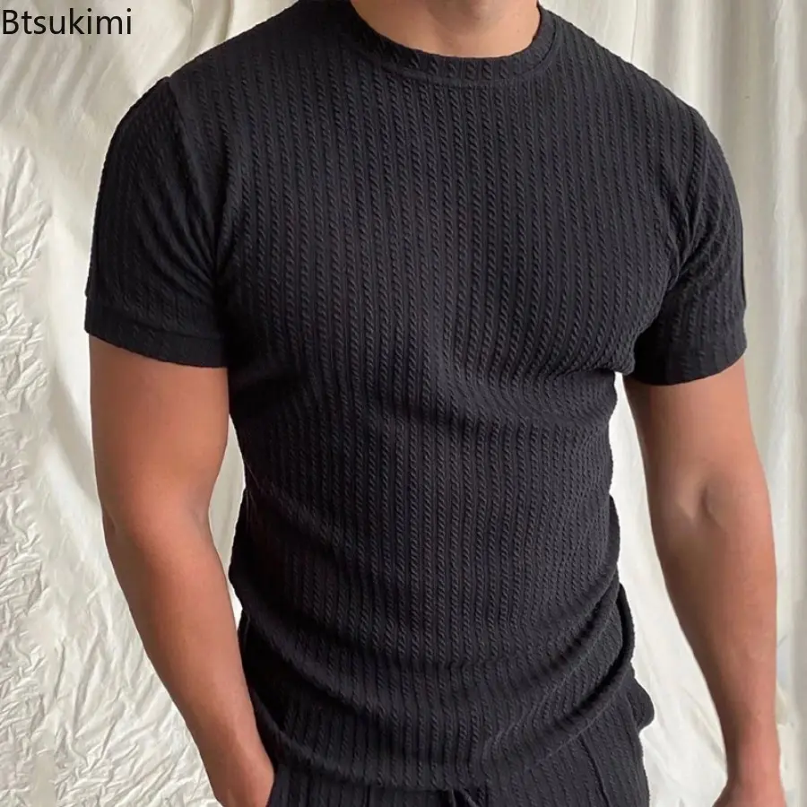 Men's Summer Breathable Cotton Tracksuit Suit Casual Solid Short Sleeve Slim T-shirt and Pants Two Piece Sets Men Fashion Outfit
