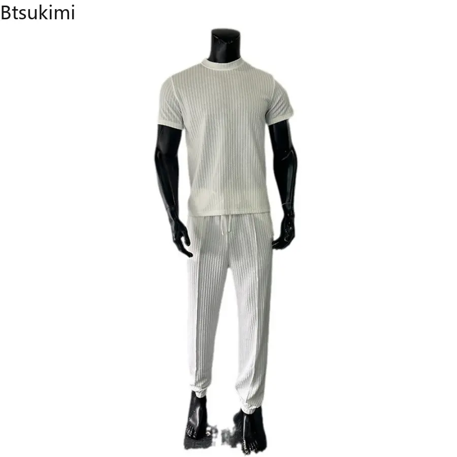 Men's Summer Breathable Cotton Tracksuit Suit Casual Solid Short Sleeve Slim T-shirt and Pants Two Piece Sets Men Fashion Outfit