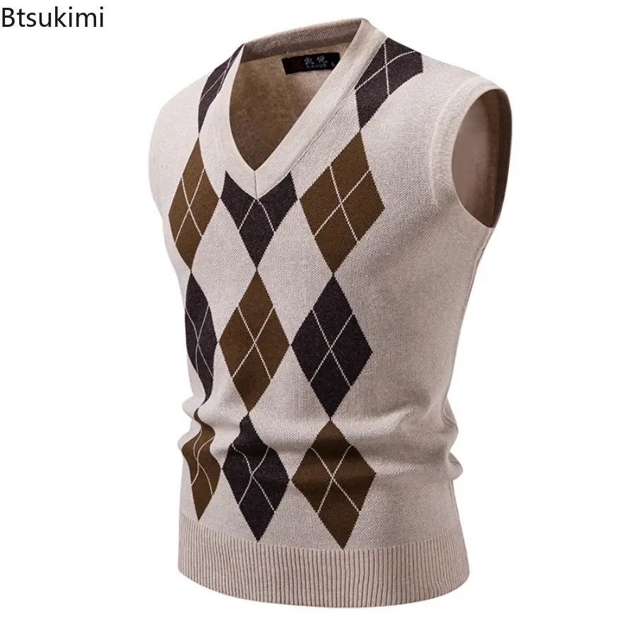 2025 Men's Argyle Knitwear Vest V Neck Sleeveless Casual Slim Fit Pullover Knitted Sweater Outdoor Streetwear Casual Tank Tops