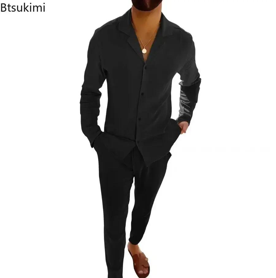 2025 Men's Casual Sets Fashion Solid Long-sleeved Button Shirt Cardigan and Drawstring Pants Two Pieces All-match Tracksuit Sets