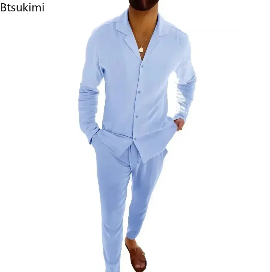 2025 Men's Casual Sets Fashion Solid Long-sleeved Button Shirt Cardigan and Drawstring Pants Two Pieces All-match Tracksuit Sets