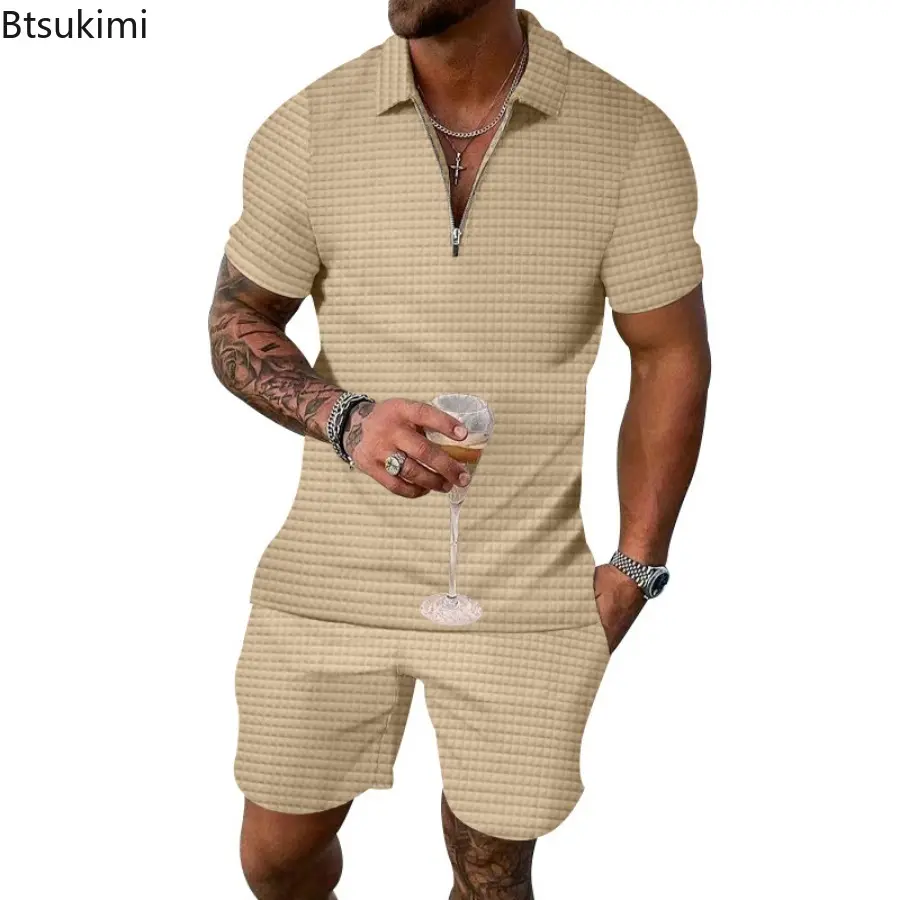 New Men's Summer Two Pieces Sets Fashion Half Zip Short Sleeve Polo Shirt and Drawstring Shorts Casual Suit Male Loose Tracksuit