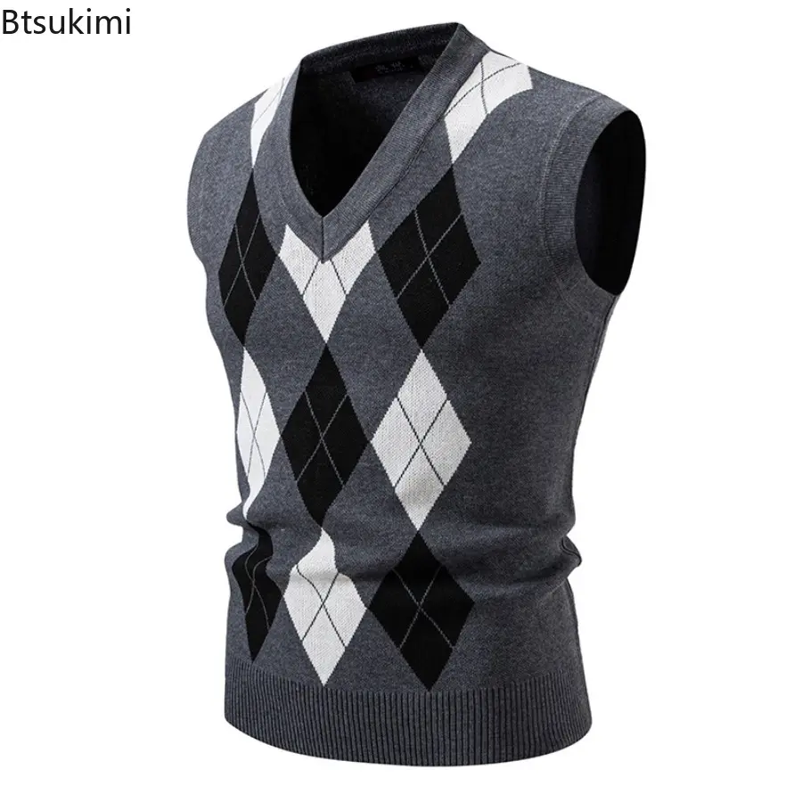 2025 Men's Argyle Knitwear Vest V Neck Sleeveless Casual Slim Fit Pullover Knitted Sweater Outdoor Streetwear Casual Tank Tops