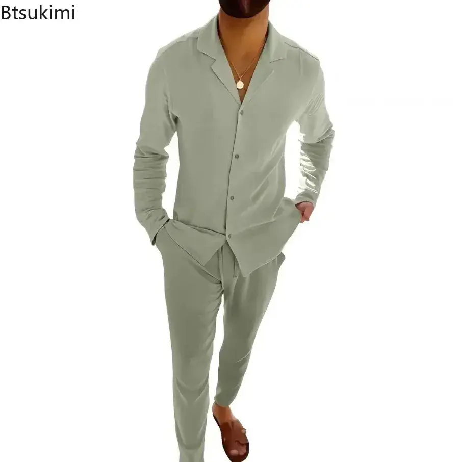 2025 Men's Casual Sets Fashion Solid Long-sleeved Button Shirt Cardigan and Drawstring Pants Two Pieces All-match Tracksuit Sets