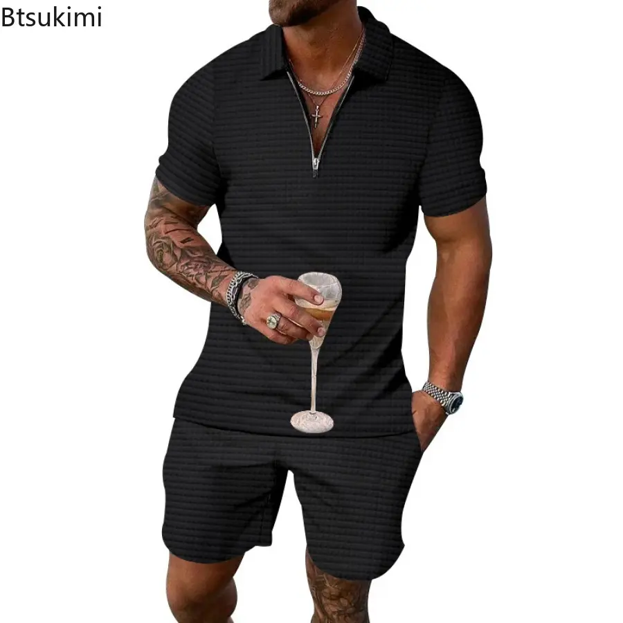New Men's Summer Two Pieces Sets Fashion Half Zip Short Sleeve Polo Shirt and Drawstring Shorts Casual Suit Male Loose Tracksuit