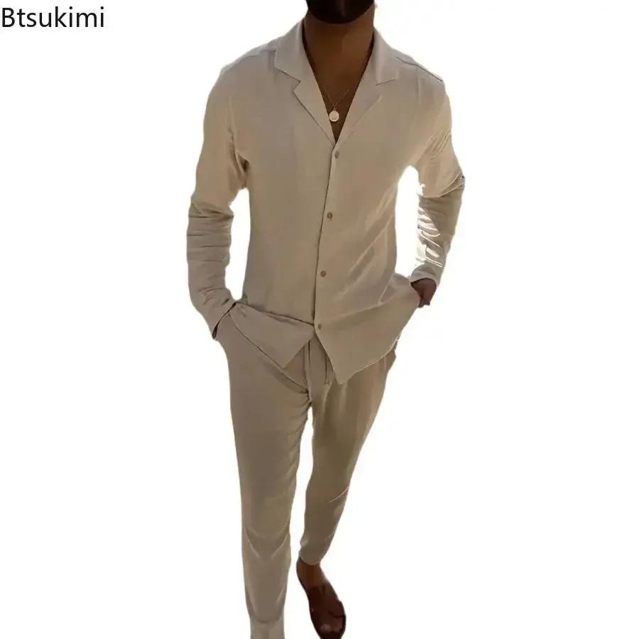 2025 Men's Casual Sets Fashion Solid Long-sleeved Button Shirt Cardigan and Drawstring Pants Two Pieces All-match Tracksuit Sets