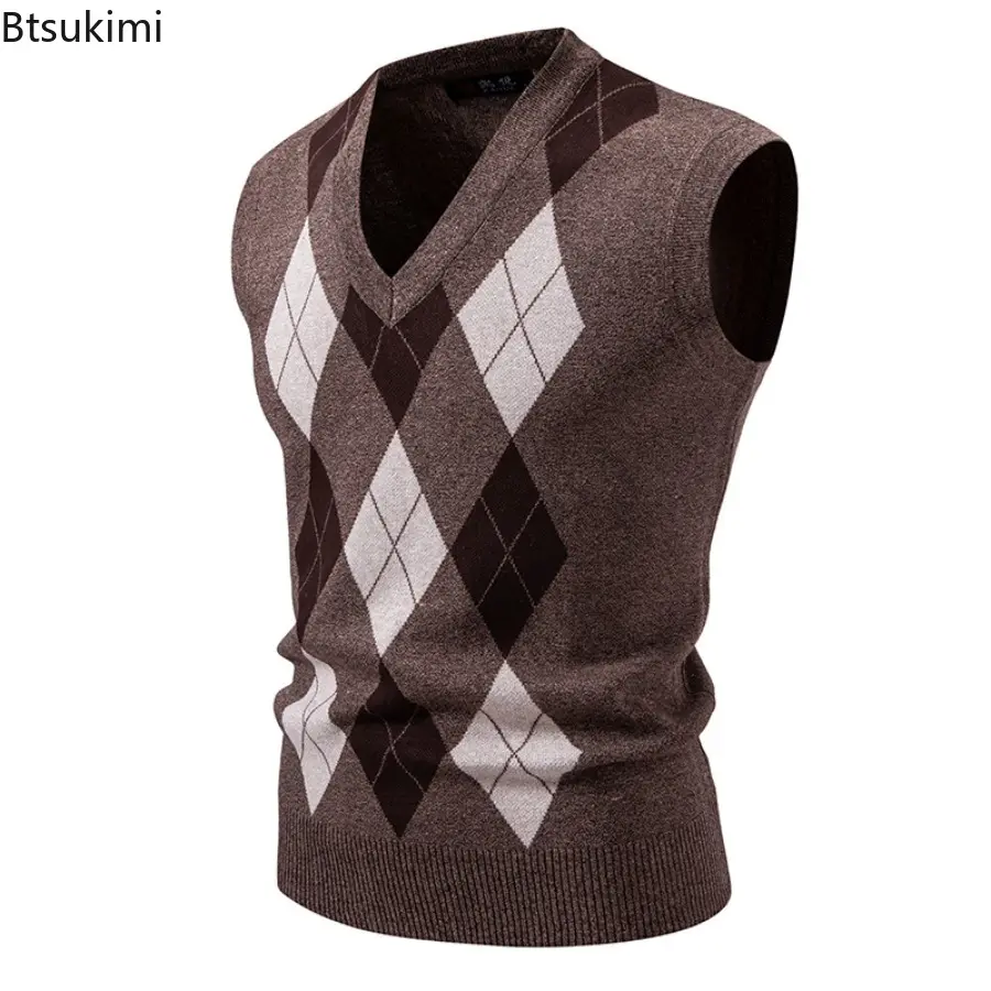 2025 Men's Argyle Knitwear Vest V Neck Sleeveless Casual Slim Fit Pullover Knitted Sweater Outdoor Streetwear Casual Tank Tops