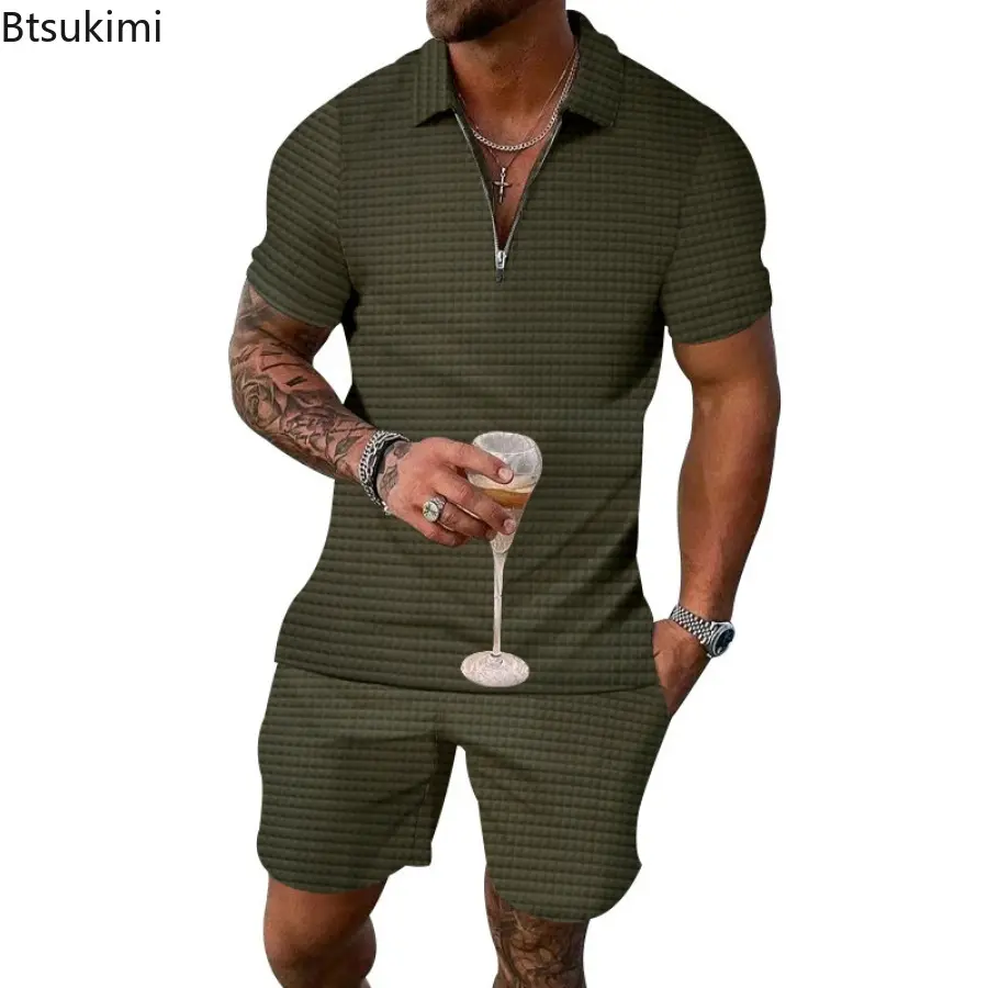 New Men's Summer Two Pieces Sets Fashion Half Zip Short Sleeve Polo Shirt and Drawstring Shorts Casual Suit Male Loose Tracksuit