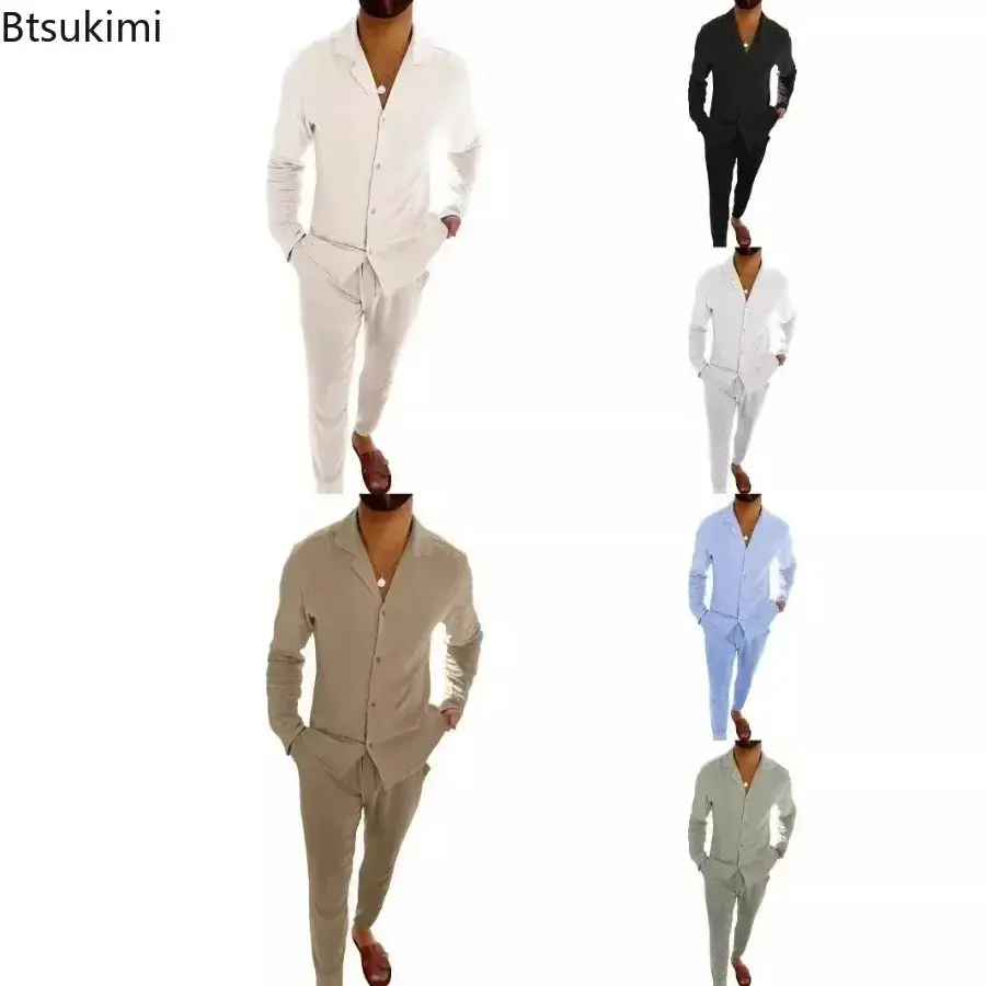 2025 Men's Casual Sets Fashion Solid Long-sleeved Button Shirt Cardigan and Drawstring Pants Two Pieces All-match Tracksuit Sets